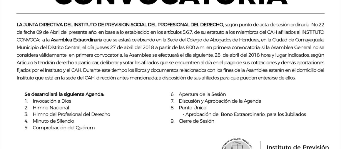 Convocatoria Asamblea Extraordinaria Abril 2018