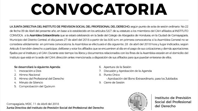 Convocatoria Asamblea Extraordinaria Abril 2018